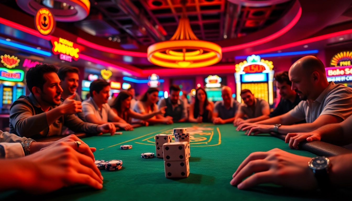 MMOO players engaging in an intense poker game with vibrant chips and dice.